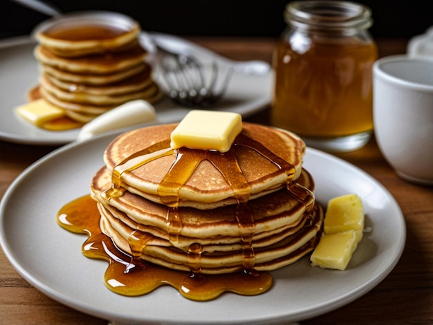 a stack of pancakes with syrup and butter on a plate