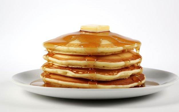 A stack of pancakes with syrup and butter on top on a white background breakfast pastry ai generated