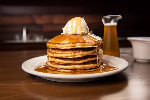 Stack of pancakes with syrup and butter on top