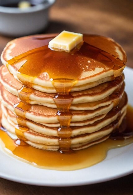 a stack of pancakes with syrup and butter on top