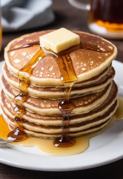 a stack of pancakes with syrup and butter on top