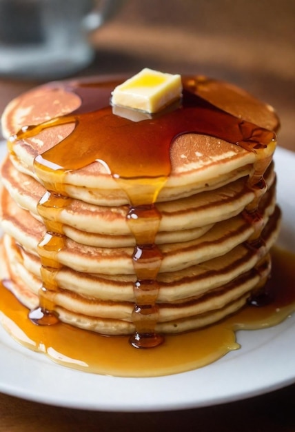 a stack of pancakes with syrup and butter on top