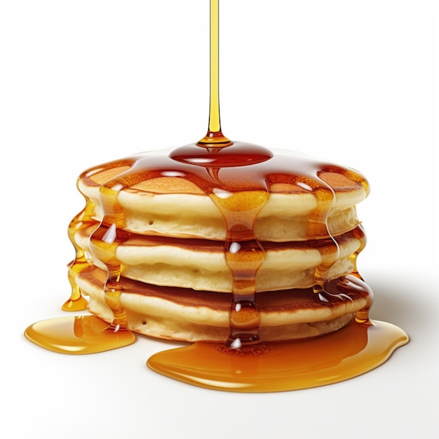 A stack of pancakes with syrup dripping down the side and a syrup dripping down the side.