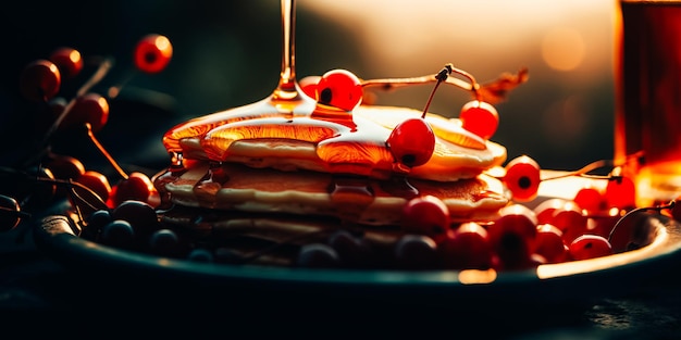 Photo a stack of pancakes with syrup dripping down the side