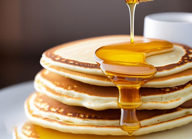 A stack of pancakes with syrup dripping down the side.