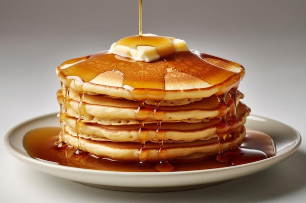 A stack of pancakes with syrup dripping down the side.