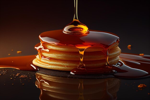 Photo a stack of pancakes with syrup dripping down the side.