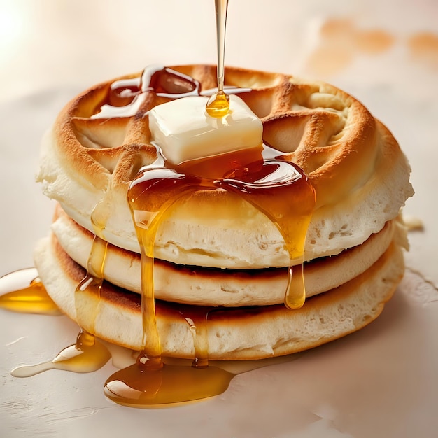 a stack of pancakes with syrup pouring out of it