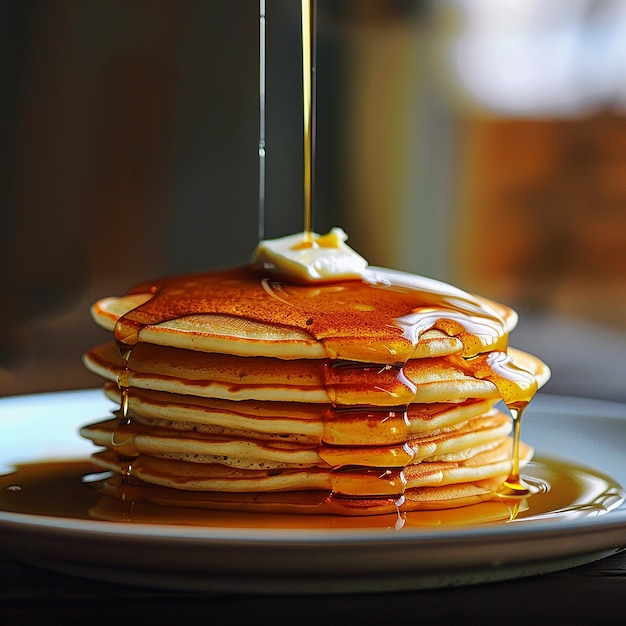 Photo a stack of pancakes with syrup pouring out of them