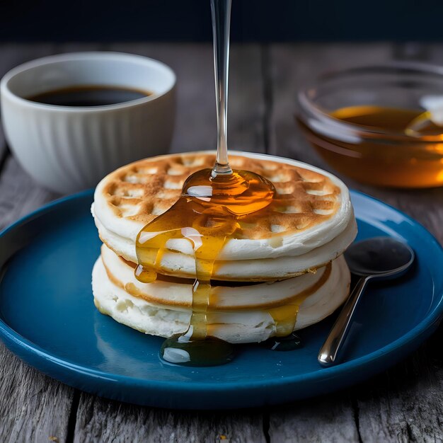 a stack of pancakes with syrup pouring out of them