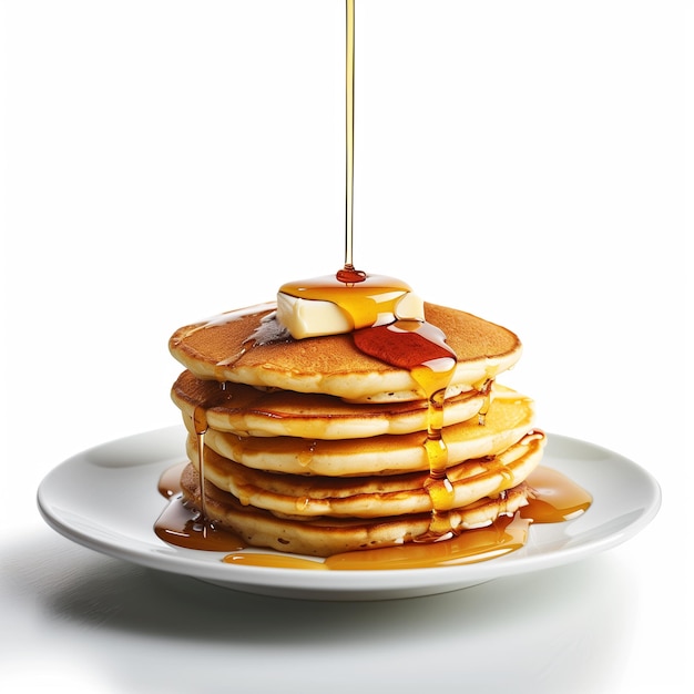 a stack of pancakes with syrup pouring out of them