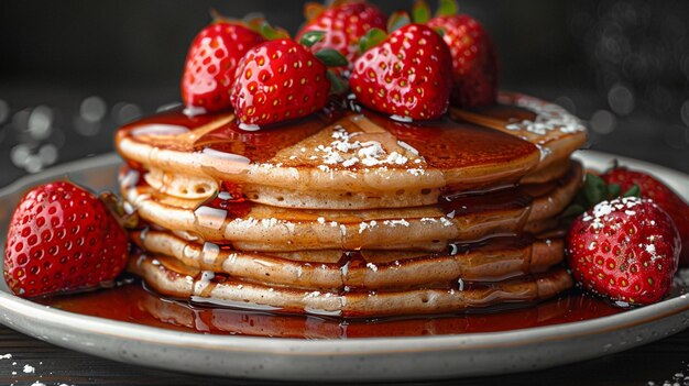 a stack of pancakes with syrup and strawberries on top