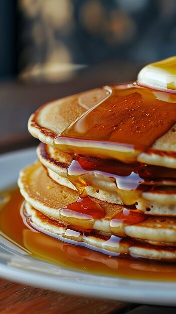 a stack of pancakes with syrup and syrup on them