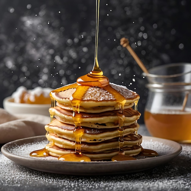 Photo a stack of pancakes with syrup and syrup on top