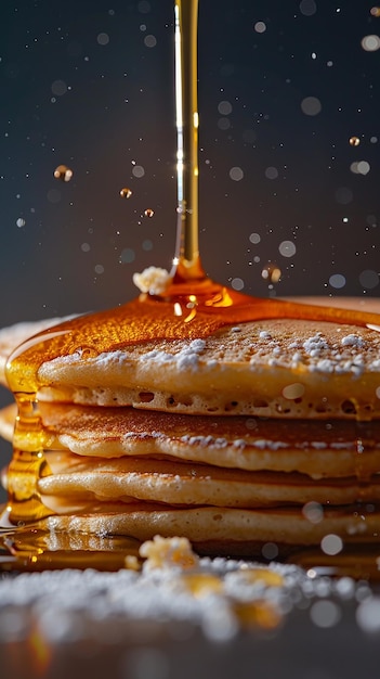 a stack of pancakes with syrup on top of them