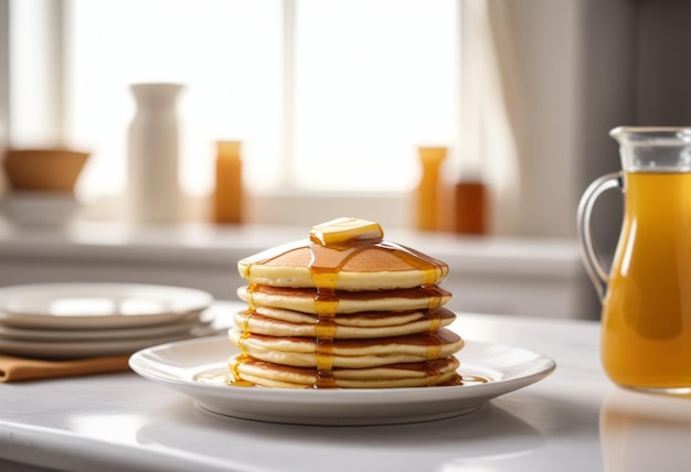 a stack of pancakes with syrup on top of them