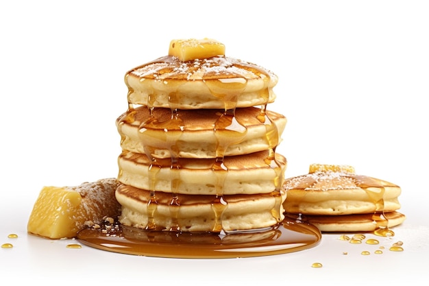 A stack of pancakes with syrup on top and a white background