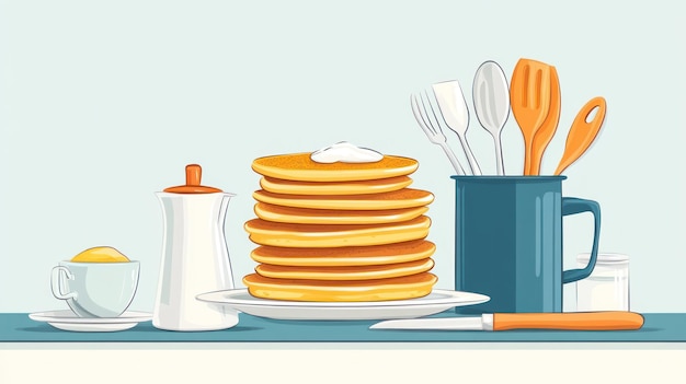 A Stack of Pancakes with Syrup and Utensils