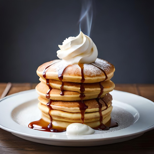 A stack of pancakes with syrup and whipped cream on top.