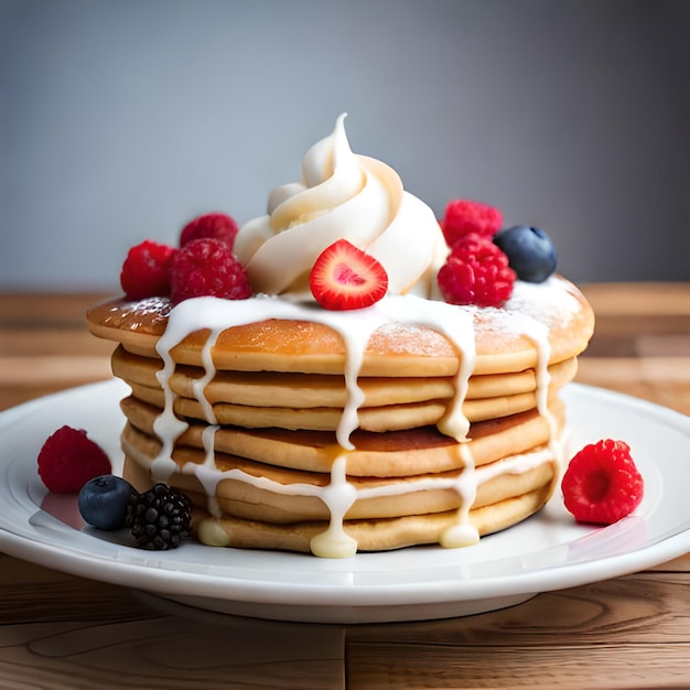 A stack of pancakes with whipped cream and berries on top of it.