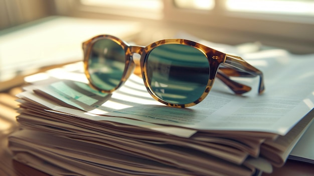 a stack of paper and sunglasses with a paper in the background