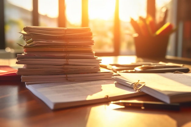 Stack of papers on a desk with a pen and a pen