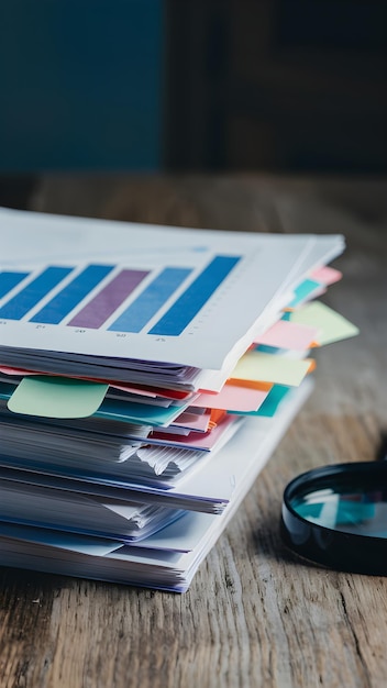 Photo stack of papers with bar chart magnifying glass blurred background emphasizes foreground