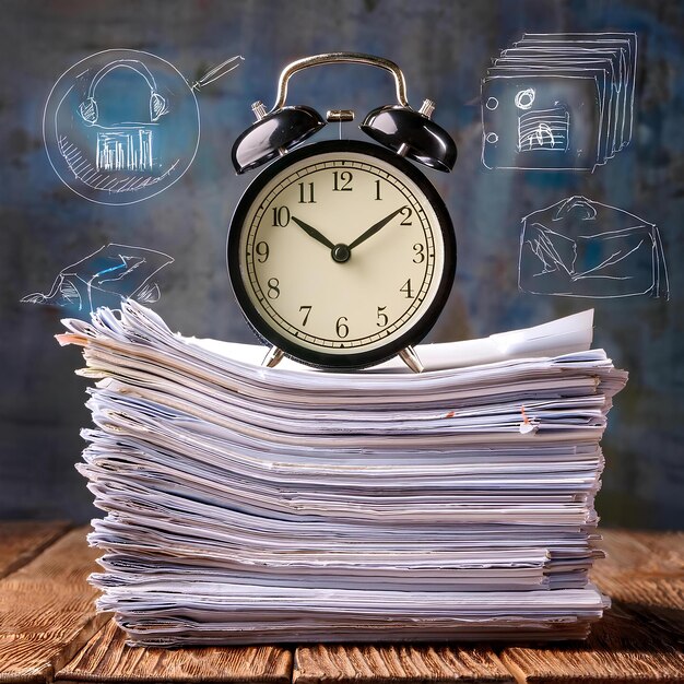 Photo a stack of papers with a clock on it and a stack of papers with a clock on it