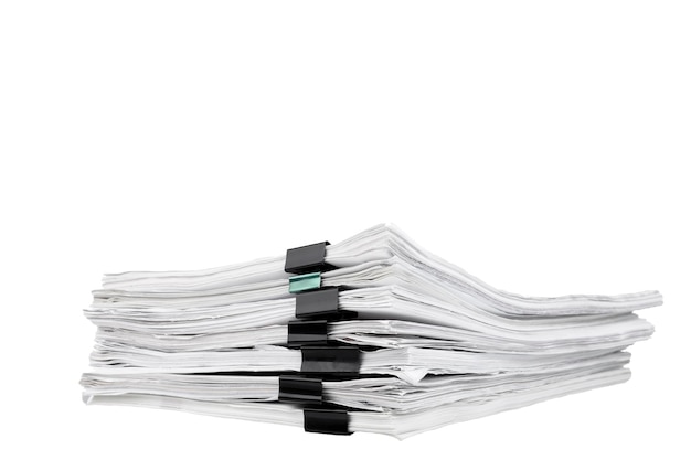 Stack of papers with paper clips office folders White isolated background