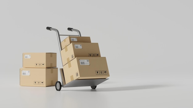 Stack of parcel boxes and parcel boxes on trolley cart. Delivery and transportation logistic concept. 3d rendering, 3d illustration