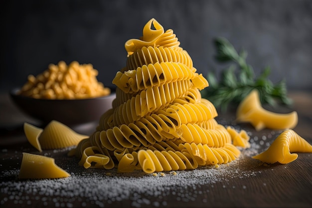 A stack of pasta on a table with a bowl of parsley on the side.