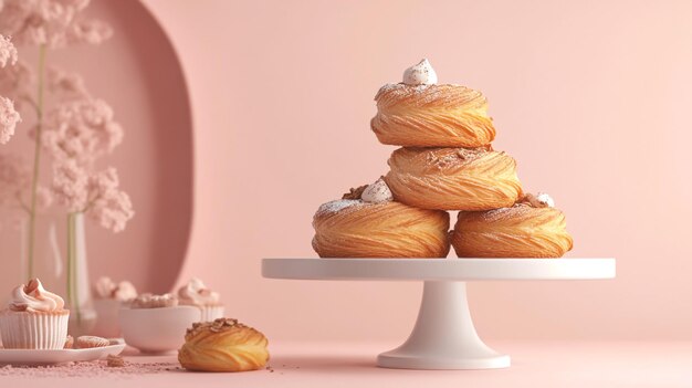 Photo a stack of pastries on a white plate with a pink background