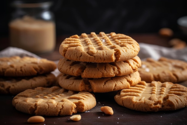 A stack of peanut butter cookies on a table with a bottle of coffee behind them.