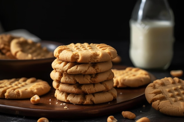 A stack of peanut butter cookies with a bottle of milk in the background.