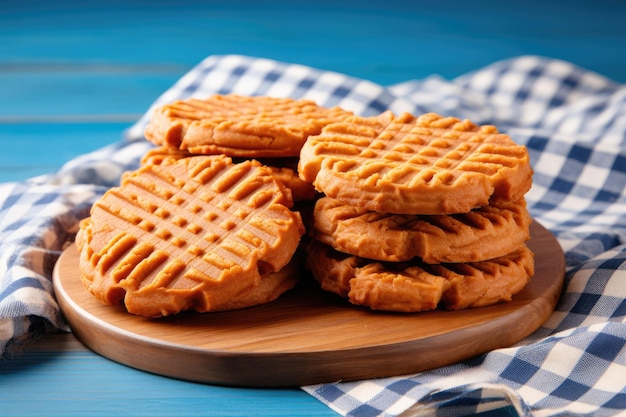 Stack of peanut butter cookies on wooden board Classic American treat nutritious snack breakfast or