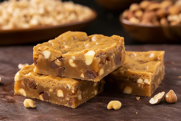 A stack of peanut butter fudge on a wooden board