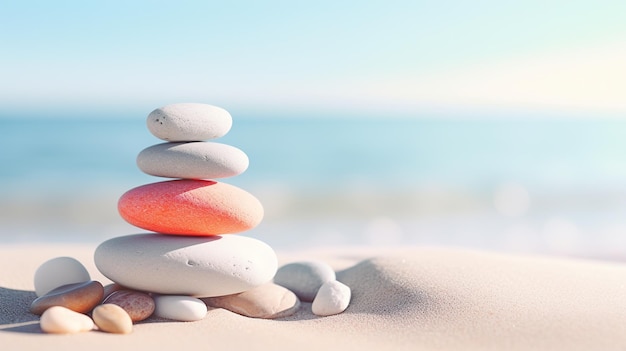 Stack of pebble stones on the beach with blue water Zen rock concept of harmony and balance