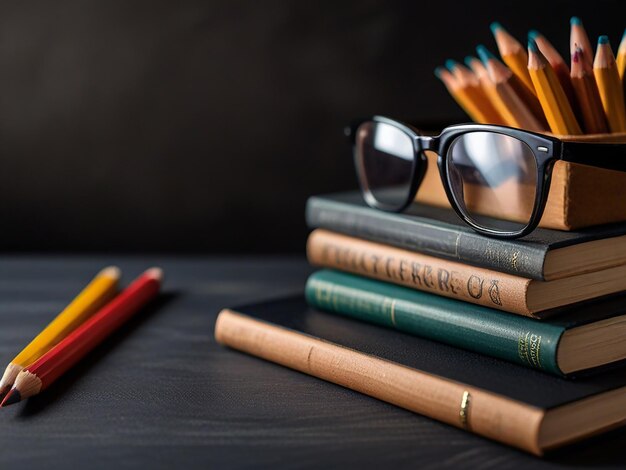 a stack of pencils glasses and pencils are on a table