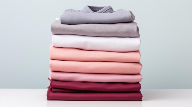 Photo stack of perfectly folded clothing items pile of different cold color shirts sweaters and pants on