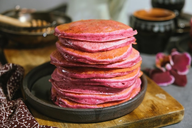 Stack of pink beet pancakes