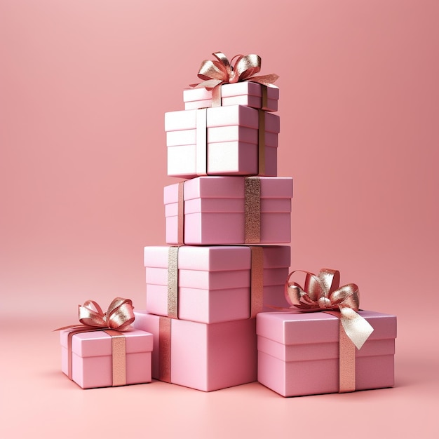 Stack of pink gift boxes with ribbons on pink background