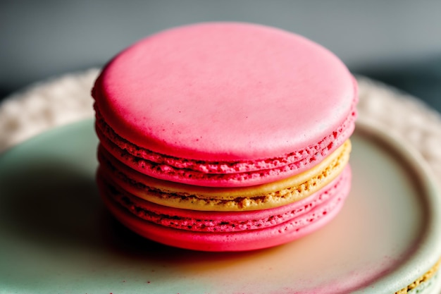 A stack of pink macaroons on a plate