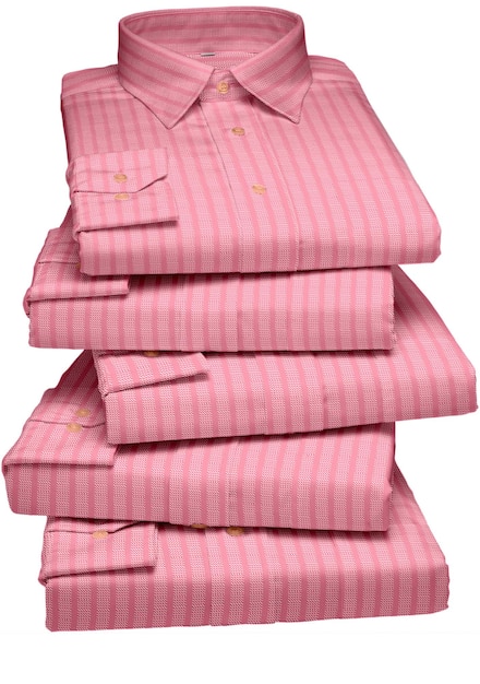 A stack of pink striped shirts with the word pink on the front.