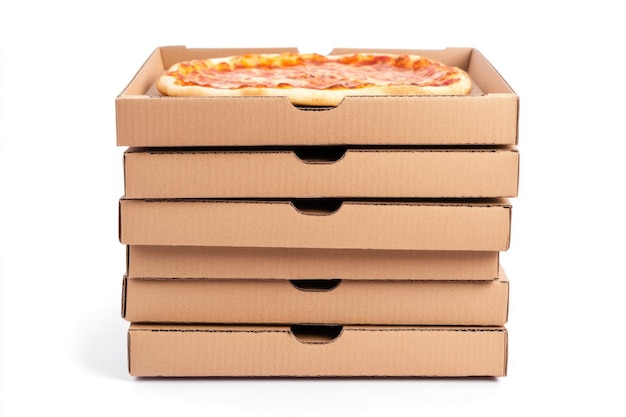 Photo stack of pizzas front view of stack of brown pizza boxes on white background