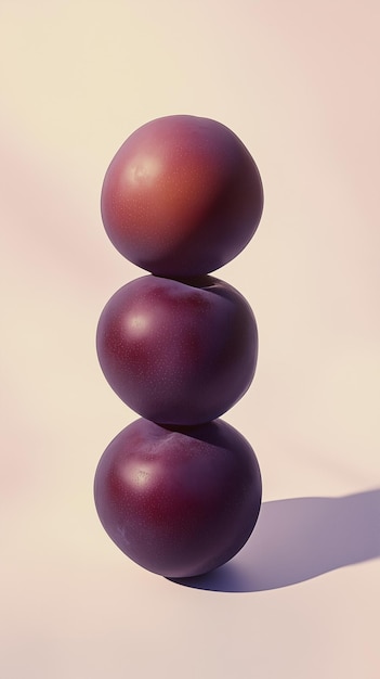 A stack of plum fruit balancing on top with solid background