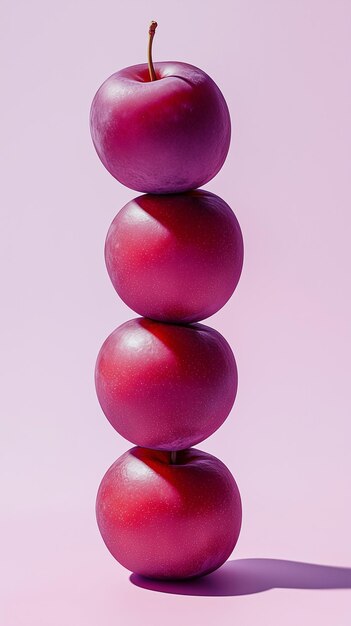 A stack of plum fruit balancing on top with solid background