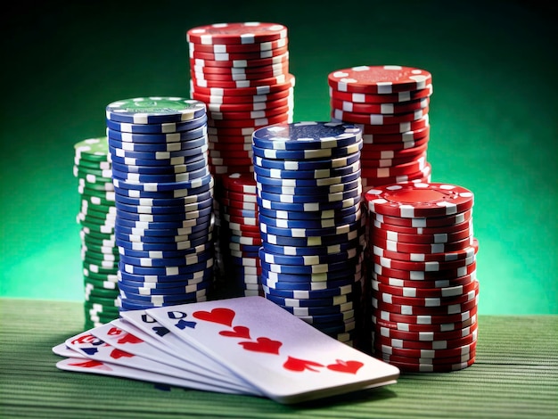 a stack of poker chips with a card that says poker chips