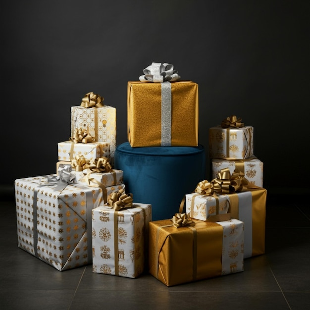 Photo a stack of presents with a gift wrapped in gold wrapping paper