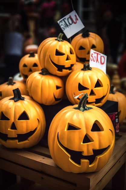 A stack of pumpkins with a sign that says s. d.