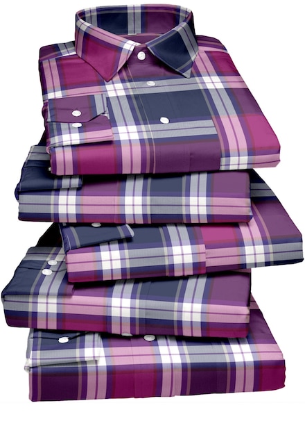 A stack of purple plaid shirts with the word plaid on the front.